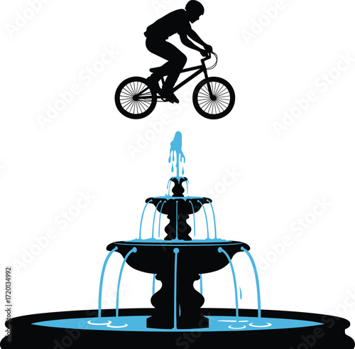 Silhouette illustration of a stunt cyclist performing daring jump on BMX bike over decorative water fountain with flowing streams vector art.