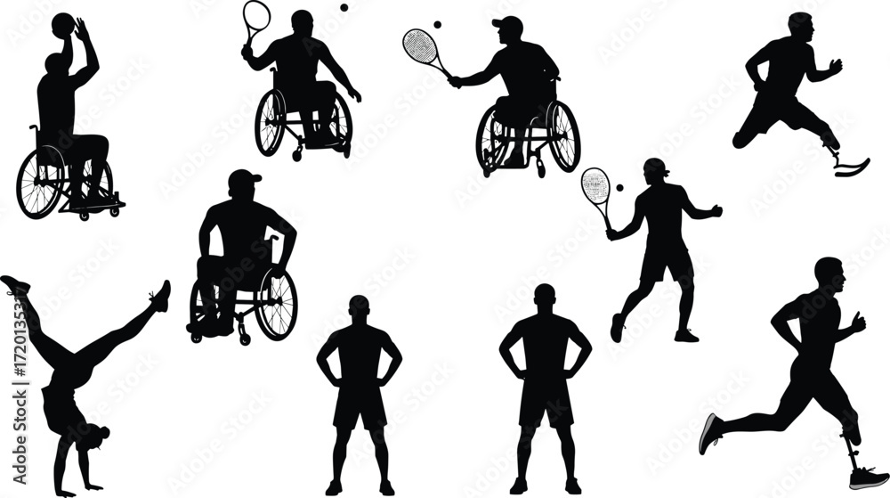 Naklejka premium Inclusive sports silhouettes featuring athletes with disabilities, wheelchair basketball, prosthetic running, adaptive tennis, diversity, accessibility, and active lifestyle vector illustration