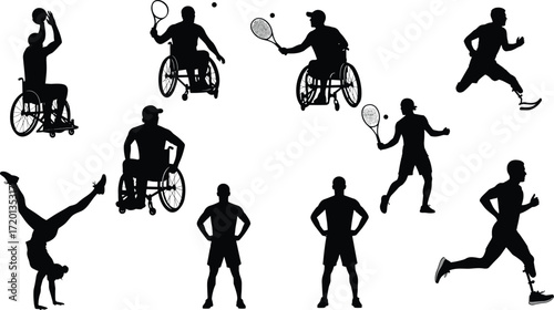 Inclusive sports silhouettes featuring athletes with disabilities, wheelchair basketball, prosthetic running, adaptive tennis, diversity, accessibility, and active lifestyle vector illustration