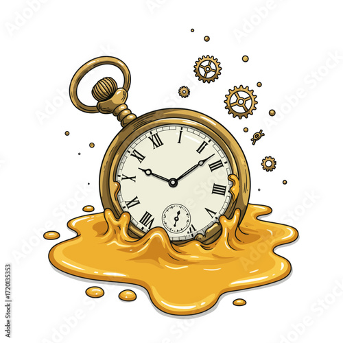 Surreal melting pocket watch dripping into a pool of golden liquid, gears floating around, concept of time fluidity and distortion