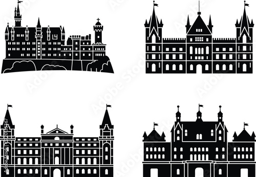Silhouette illustration of ancient castles, royal palaces, fortress towers, historic landmark buildings, gothic architecture, fairytale skyline, medieval castle design, fantasy kingdom vector art