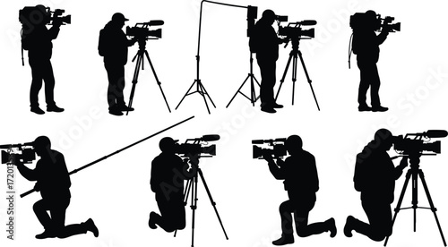 Silhouette professional cameraman with video camera equipment shooting movie scenes, media production, broadcasting crew, filmmaking industry, television recording, documentary filming vector.
