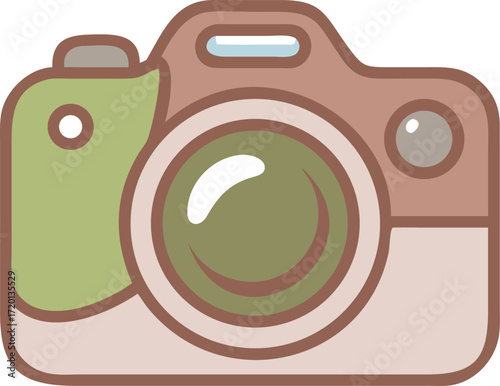 Cute cartoon camera icon with green lens and brown body for photography enthusiasts