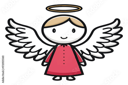 A minimalist cartoon angel illustration with golden halo, white wings, and red robe — perfect for Christmas greeting cards, holiday decorations, spiritual artwork, and children’s story designs.