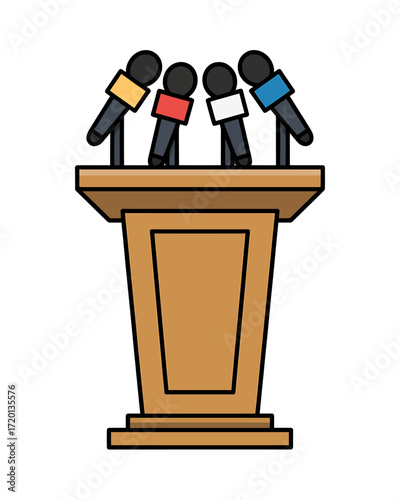 Press Conference Podium with Colorful Microphones Representing Various Media Outlets and Communication Channels for Announcements and Public Speaking