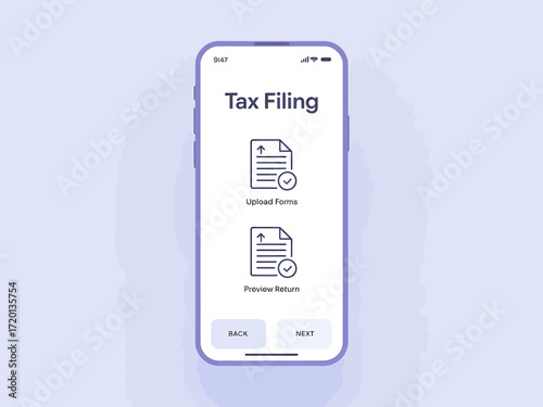 Mobile Tax Filing App Interface Easy Document Upload and Return Preview Convenience Streamlined Process for Online Tax Submission Simplified Finances