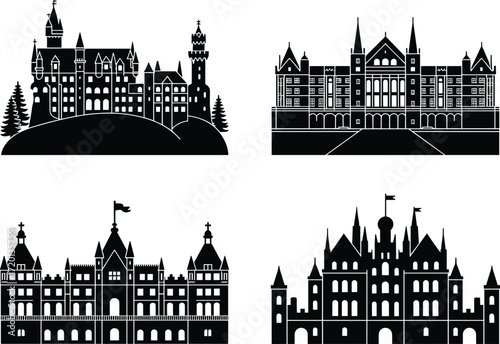 Silhouette illustration of medieval castles, royal palace architecture, fairytale fortress towers, historical landmark buildings, gothic style castle design, fantasy kingdom skyline, vector artwork
