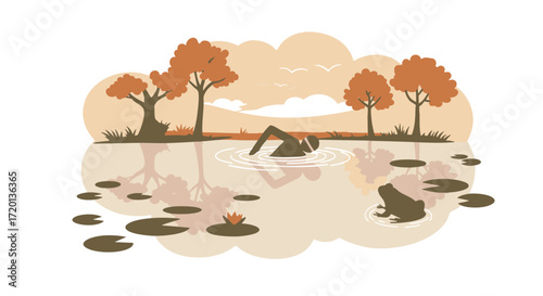 Autumn Swim Serene Lake Scene with Swimmer, Trees, and Frog