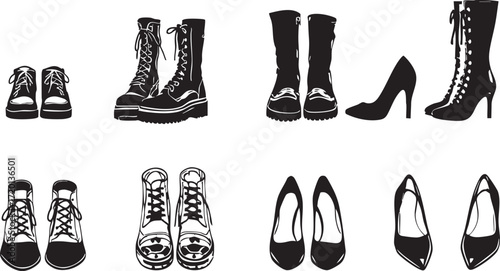 A black and white drawing showcasing various styles of shoes and outfits on legs and feet fashion