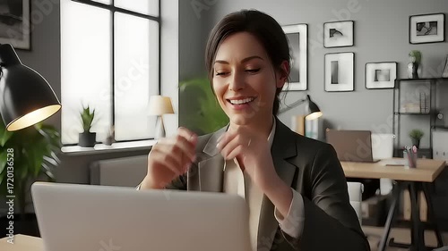 Positive young businesswoman enjoying a successful online meeting, smiling at her laptop screen in a modern co-working space