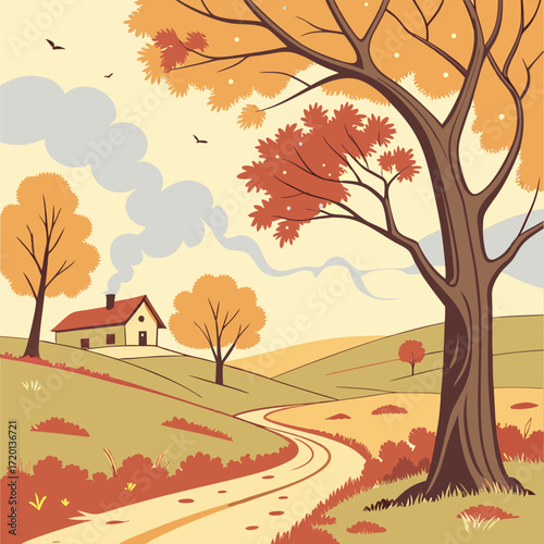 A rustic cottage with a smoking chimney sits on a hillside, with a winding path leading up to it, surrounded by trees and vibrant autumn colors.