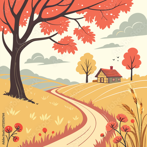 A serene neighborhood street with two houses nestled among vibrant autumn trees, a winding sidewalk, and fallen leaves under a warm sky.