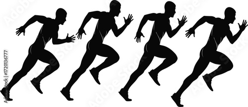 Sequence of running silhouettes showing sprint motion stages, dynamic athlete vector illustration for sports, fitness, training, biomechanics, and motion analysis themes