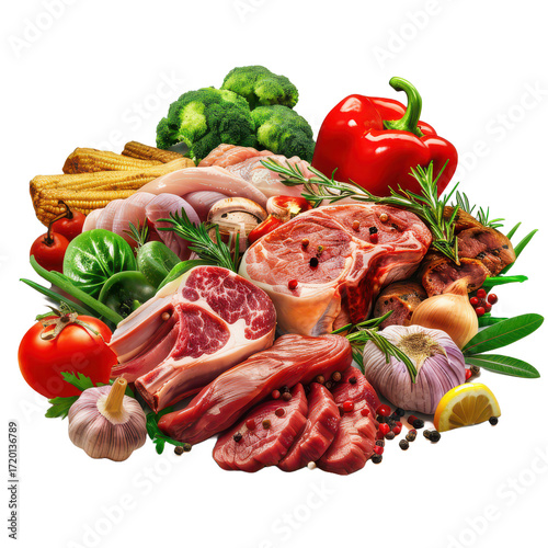 A variety of meats and vegetables are displayed on a wooden cutting board on a transparent background..png