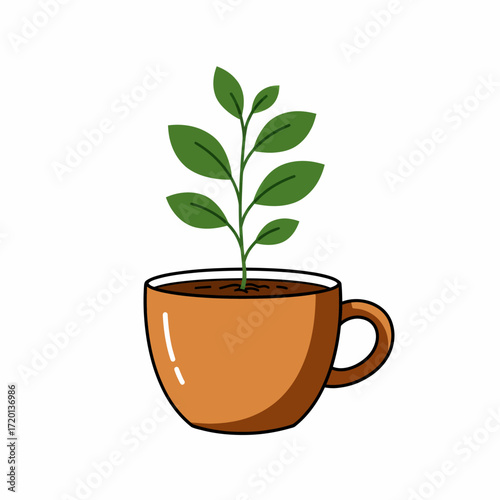 A small plant sprouts from a coffee cup, symbolizing growth and new beginnings