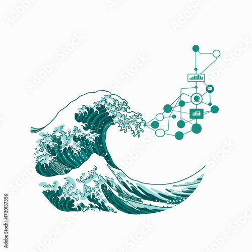 Illustration of a powerful wave merging with a digital network flow chart representing the intersection of nature and technology