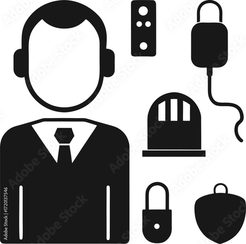 Collection of black silhouette icons representing security and service concepts isolated on white background isolated on transparent background