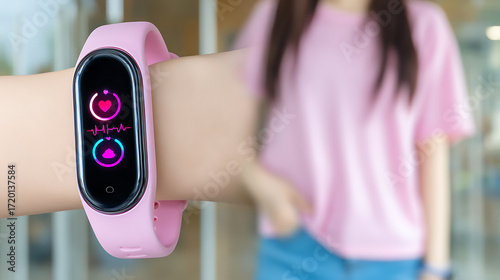 A person wearing a pink smartwatch with heart rate monitoring display on the wrist