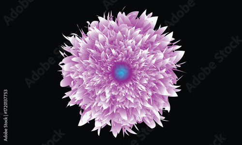 Abstract purple and white spiky floral explosion with blue center on black petals