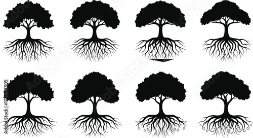 Tree silhouettes with roots, forest vector, nature illustration, botanical design, eco artwork, foliage diversity, landscape element, environment graphic, natural outline, woodland collection