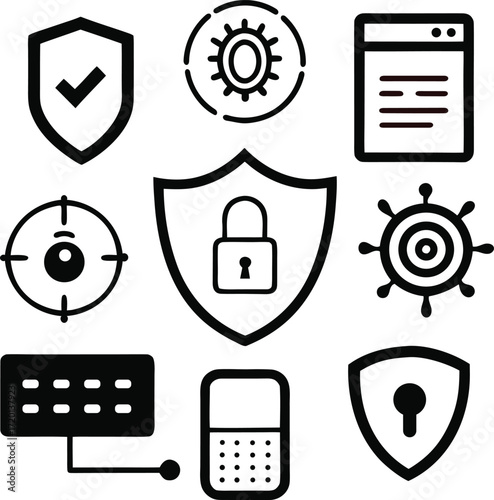 Collection of cybersecurity and security icons representing protection and data safety isolated on white background isolated on transparent background silhouette