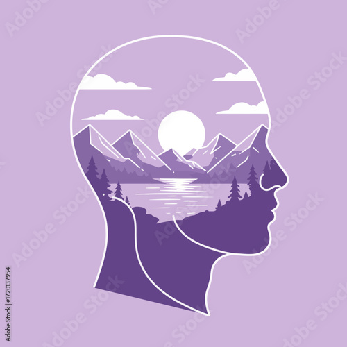 A serene mountain landscape reflected within the silhouette of a human head, symbolizing inner peace and contemplation