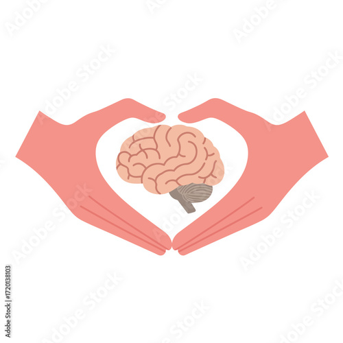 Human hands forming a heart shape around a stylized brain illustration, symbolizing care and health