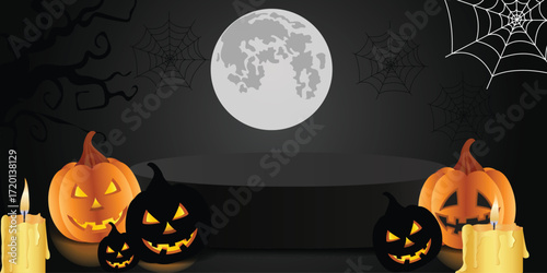 Halloween Night Scene podium with Pumpkins, Moon, and Spooky Atmosphere