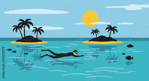 Tropical Island Paradise Illustration A Solo Swimmer Explores Vibrant Underwater World and Coral Reefs Under a Bright Summer Sun