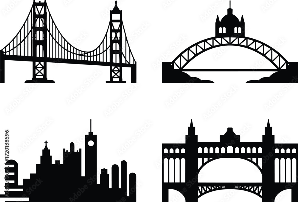 Obraz premium Bridge and city skyline silhouettes, architectural landmarks, urban design, suspension bridge, arch bridge, famous buildings, historical architecture, cityscape illustration, travel landmarks