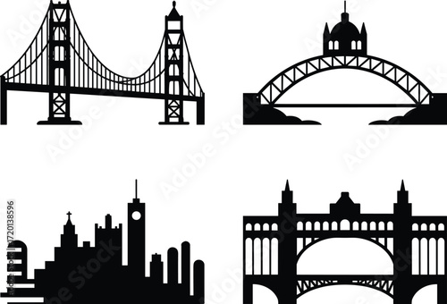 Bridge and city skyline silhouettes, architectural landmarks, urban design, suspension bridge, arch bridge, famous buildings, historical architecture, cityscape illustration, travel landmarks