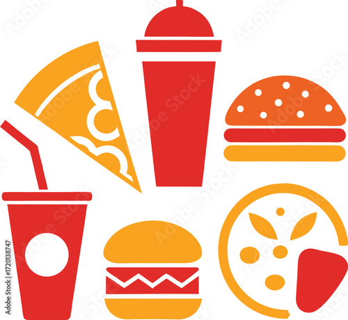 Collection of colorful fast food icons including pizza slices burgers and drinks isolated on white background isolated on transparent background silhouette