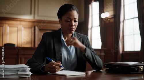 Determined woman lawyer in a professional attire jotting down notes at her workstation. Thoughtful legal expert dealing with a case in a traditional courthouse setting