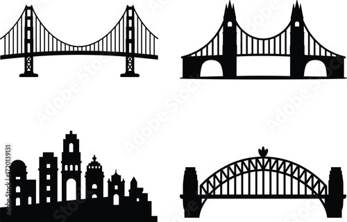 travel icon set of famous world landmarks, this vector collection features the Golden Gate, Sydney Harbour, and Lisbon's 25 de Abril bridges