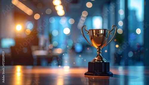 Golden trophy sits on sleek desk in modern office with soft bokeh lights, creating inspiring atmosphere