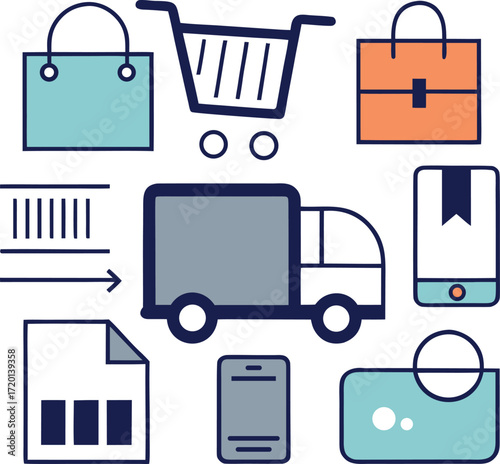 Collection of e commerce and delivery icons including shopping bags cart truck barcode and mobile devices isolated on white background isolated on transparent background silhouette