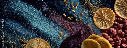 Vibrant Display of Colorful Spices and Dried Fruits on Dark Background