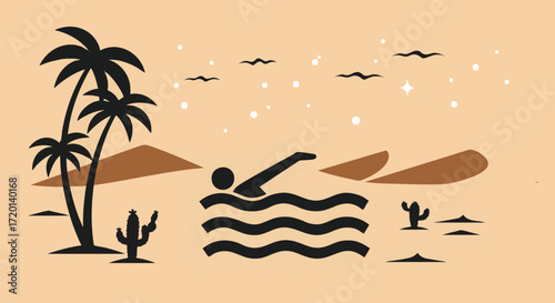 Graphic depiction of a refreshing swim in a serene desert environment, featuring silhouette palm trees, cacti, and sparkling stars