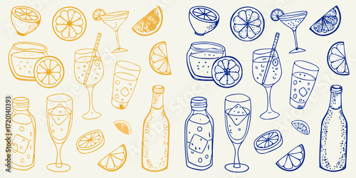 Hand drawn collection of refreshing citrus drinks and fruit slices in yellow and blue on a light background