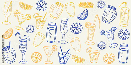 Hand drawn summer drinks and citrus slices in a playful doodle pattern