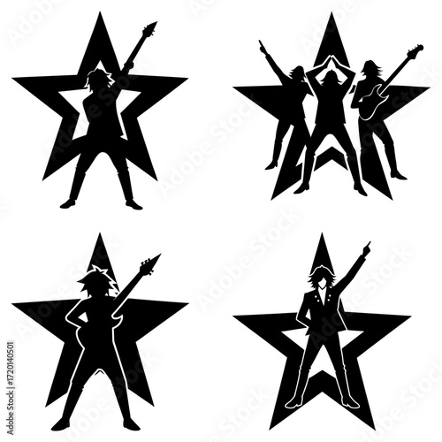 Silhouetted rock band members performing against a star background in a black and white illustration