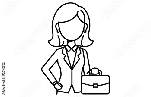 Vector art of a black and white line drawing of a businesswoman with a briefcase, the woman is wearing a suit and has short hair