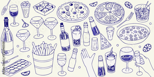 Hand drawn doodle illustration of a party spread with pizza drinks and snacks