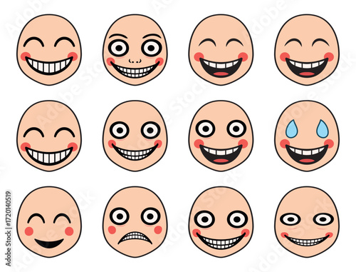 Set of cartoon smiley faces with various funny, creepy, and emotional expressions. Collection includes happy, sad, crying, scary, and goofy emoji icons for humor, stickers, and digital use.