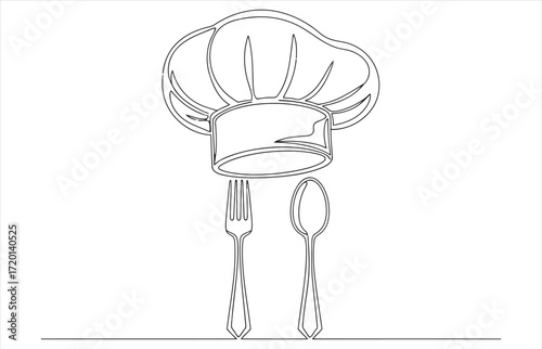 Vector art of chef hat with fork and spoon is a simple line drawing, perfect for restaurant menus, cooking blogs, or culinarythemed designs, offering a clean and modern aesthetic