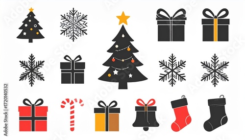 Christmas icons set with trees, gifts, snowflakes, candy cane, bell, and stockings in festive colors