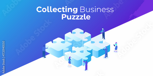 Business people collaborating to assemble a large puzzle representing strategy and teamwork