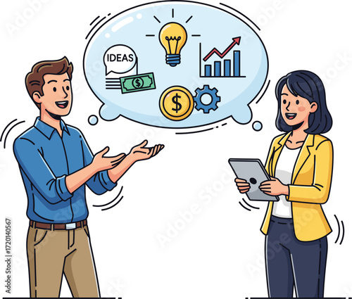Business brainstorming, cartoon professionals, idea generation, financial planning, innovation icons, teamwork discussion, tablet usage, growth strategy, vector illustration, stock content