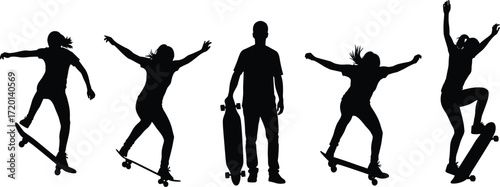Skateboarder silhouettes performing tricks, jumps, and stunts in dynamic poses, extreme sports culture, urban street style, black and white vector illustration