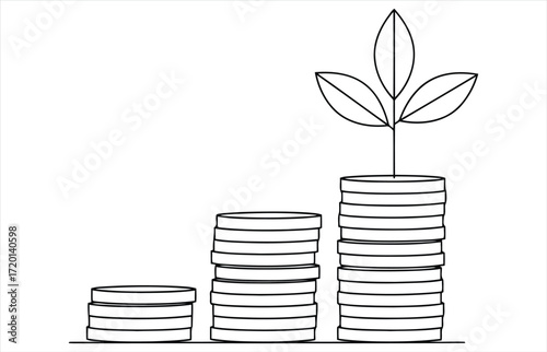 Vector art of plant growing on stack of coins in line art concept of financial growth, investment, and sustainable business development